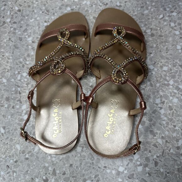 Oca-Loca Valencia Sandals Metallic Rose Pink Leather Rhinestone‎ EU 38 US 8 NWOT - Picture 6 of 11
